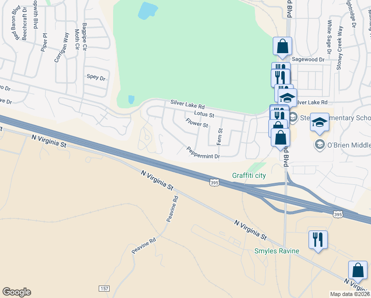 map of restaurants, bars, coffee shops, grocery stores, and more near 6775 Honeysuckle Drive in Reno