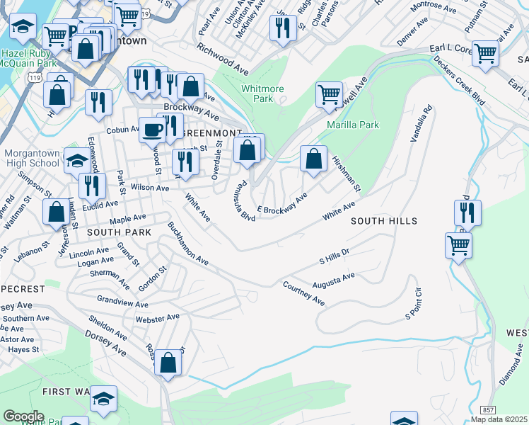 map of restaurants, bars, coffee shops, grocery stores, and more near 500 East Brockway Avenue in Morgantown