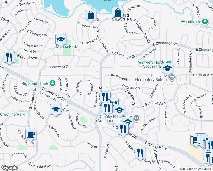 map of restaurants, bars, coffee shops, grocery stores, and more near 5154 South Andes Street in Centennial