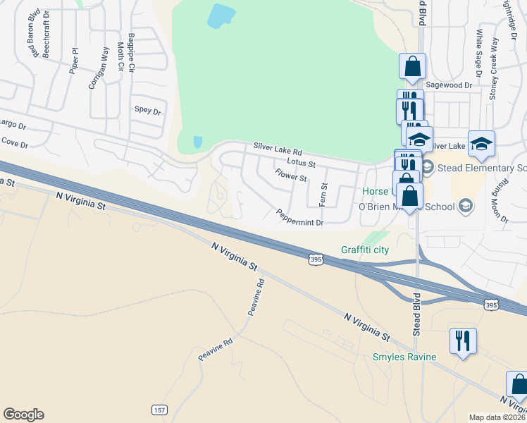 map of restaurants, bars, coffee shops, grocery stores, and more near 6763 Peppermint Court in Reno