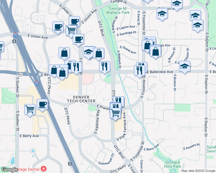 map of restaurants, bars, coffee shops, grocery stores, and more near 8390 East Crescent Parkway in Greenwood Village
