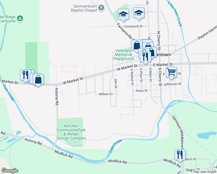 map of restaurants, bars, coffee shops, grocery stores, and more near 59 South Maple Street in Germantown