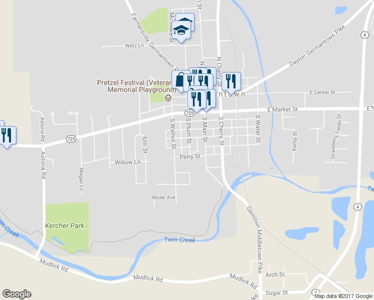 map of restaurants, bars, coffee shops, grocery stores, and more near 175 South Plum Street in Germantown