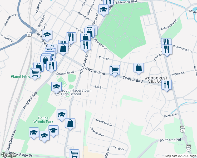 map of restaurants, bars, coffee shops, grocery stores, and more near 1021 Corbett Street in Hagerstown