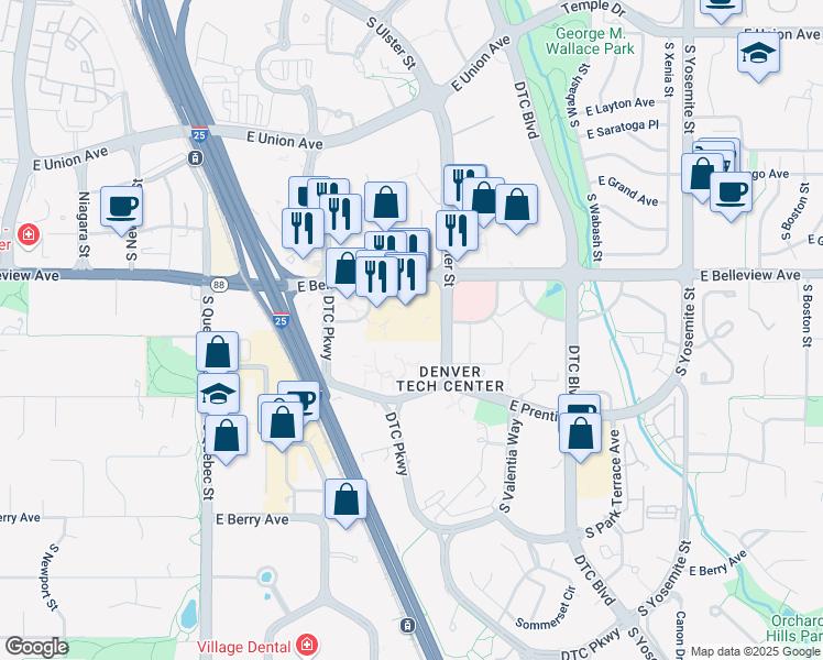 map of restaurants, bars, coffee shops, grocery stores, and more near 8000 East Belleview Avenue in Greenwood Village