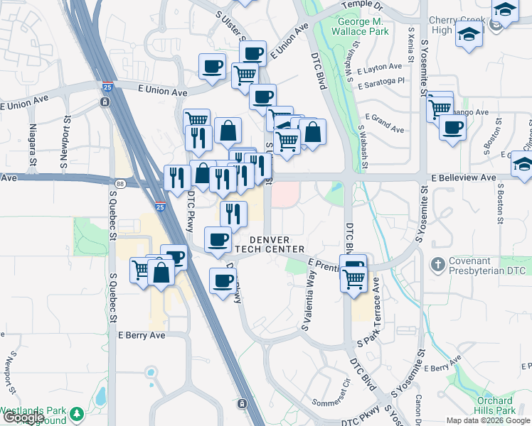 map of restaurants, bars, coffee shops, grocery stores, and more near 5185 South Ulster Street in Greenwood Village
