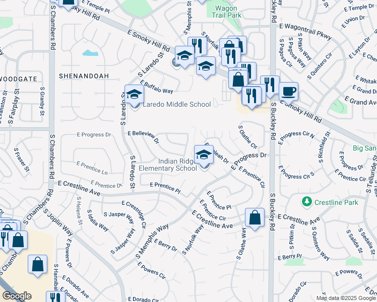 map of restaurants, bars, coffee shops, grocery stores, and more near 5195 South Lewiston Way in Centennial