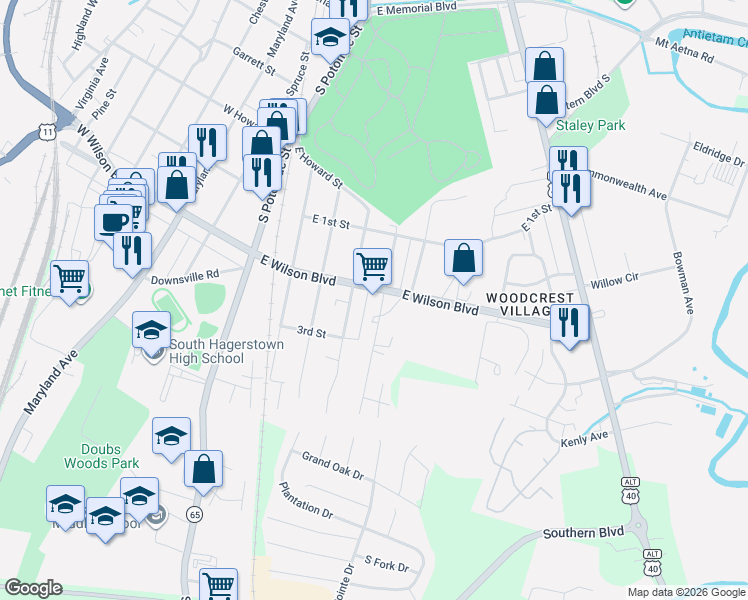 map of restaurants, bars, coffee shops, grocery stores, and more near 313 East Wilson Boulevard in Hagerstown