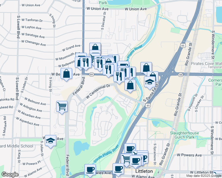 map of restaurants, bars, coffee shops, grocery stores, and more near 5225 South Prince Street in Littleton