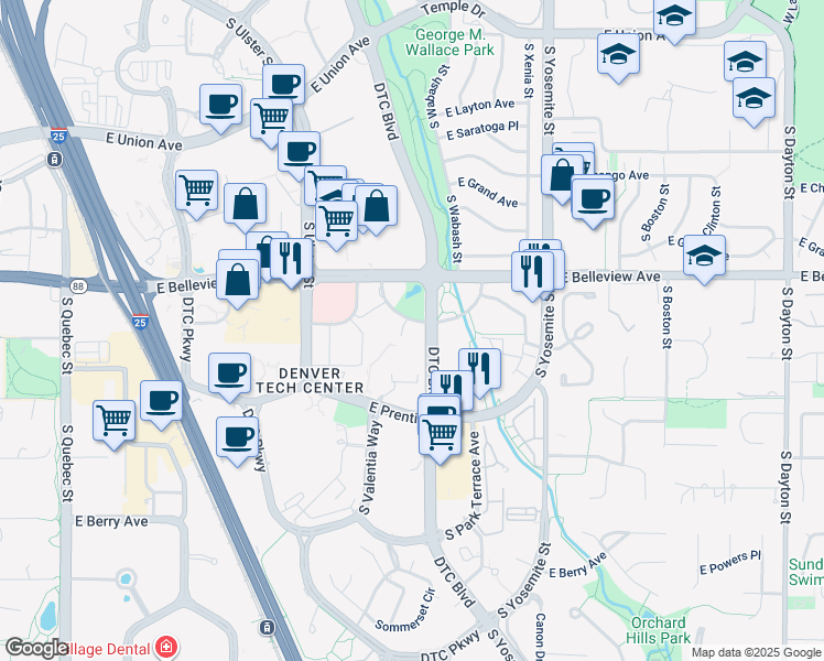map of restaurants, bars, coffee shops, grocery stores, and more near 8390 East Crescent Parkway in Greenwood Village