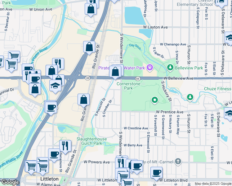map of restaurants, bars, coffee shops, grocery stores, and more near 5216 South Crocker Street in Littleton
