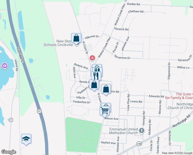 map of restaurants, bars, coffee shops, grocery stores, and more near 1270 North Court Street in Circleville