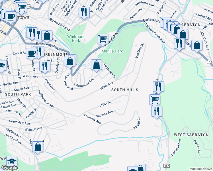 map of restaurants, bars, coffee shops, grocery stores, and more near 803 White Avenue in Morgantown