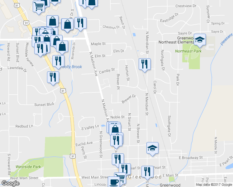 map of restaurants, bars, coffee shops, grocery stores, and more near 412 Brewer Place in Greenwood