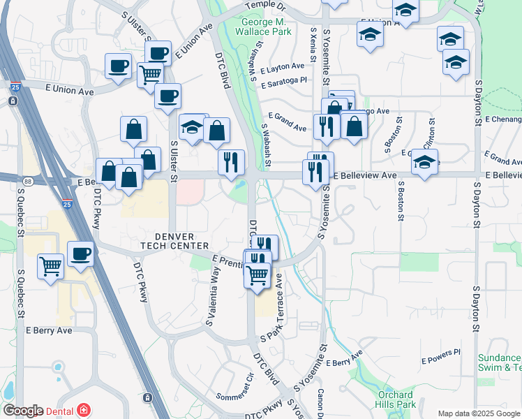 map of restaurants, bars, coffee shops, grocery stores, and more near 8400 East Crescent Parkway in Greenwood Village