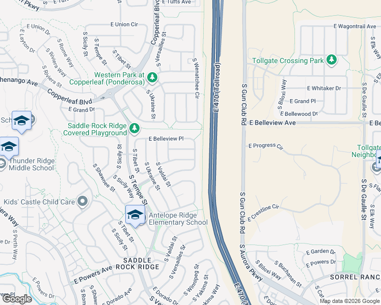map of restaurants, bars, coffee shops, grocery stores, and more near 22882 East Belleview Lane in Aurora