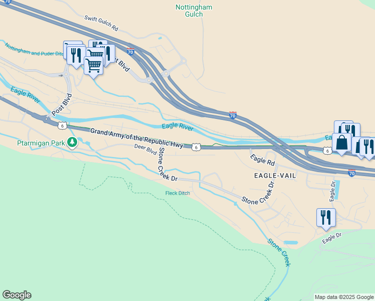 map of restaurants, bars, coffee shops, grocery stores, and more near U.S. 6 in Avon