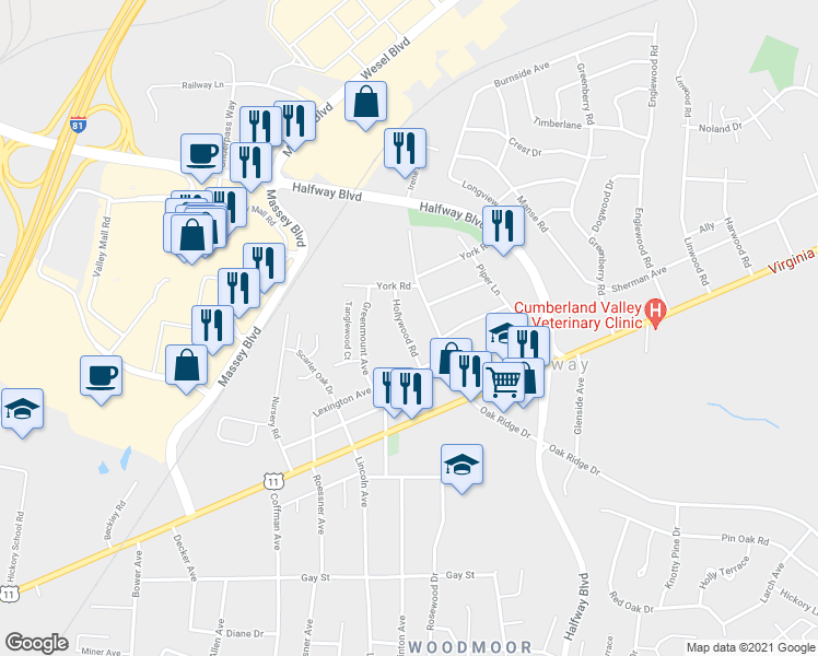 map of restaurants, bars, coffee shops, grocery stores, and more near 11217 Hollywood Road in Hagerstown