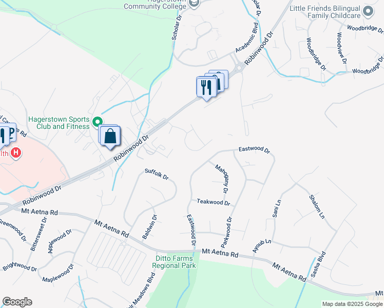 map of restaurants, bars, coffee shops, grocery stores, and more near 20205 Kellys Lane in Hagerstown