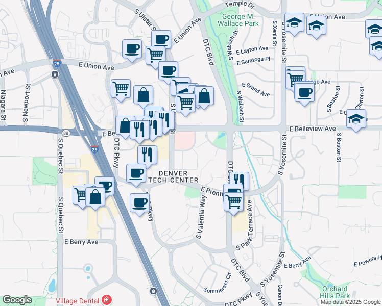 map of restaurants, bars, coffee shops, grocery stores, and more near 2 Promenade Place in Greenwood Village