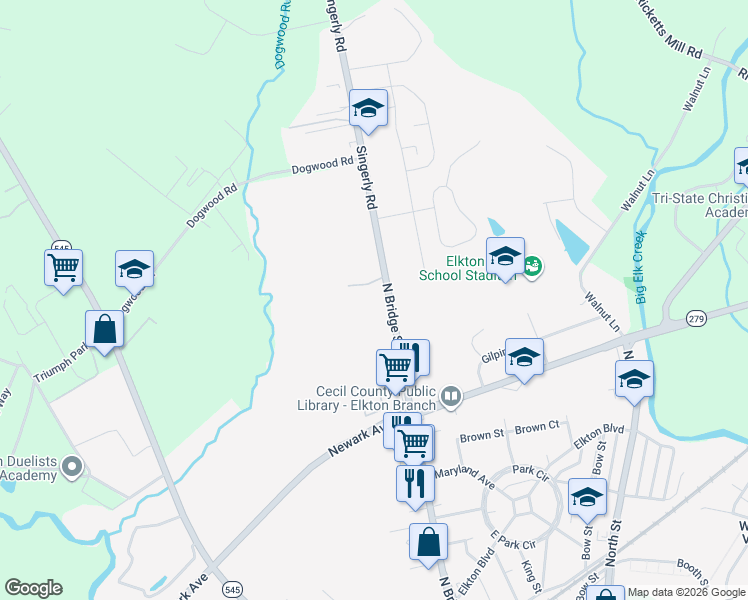 map of restaurants, bars, coffee shops, grocery stores, and more near 917 N Bridge St in Elkton