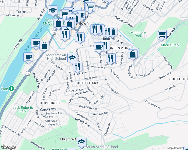 map of restaurants, bars, coffee shops, grocery stores, and more near 446 Ash Street in Morgantown