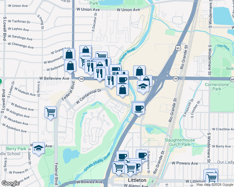 map of restaurants, bars, coffee shops, grocery stores, and more near 2650 West Belleview Avenue in Littleton