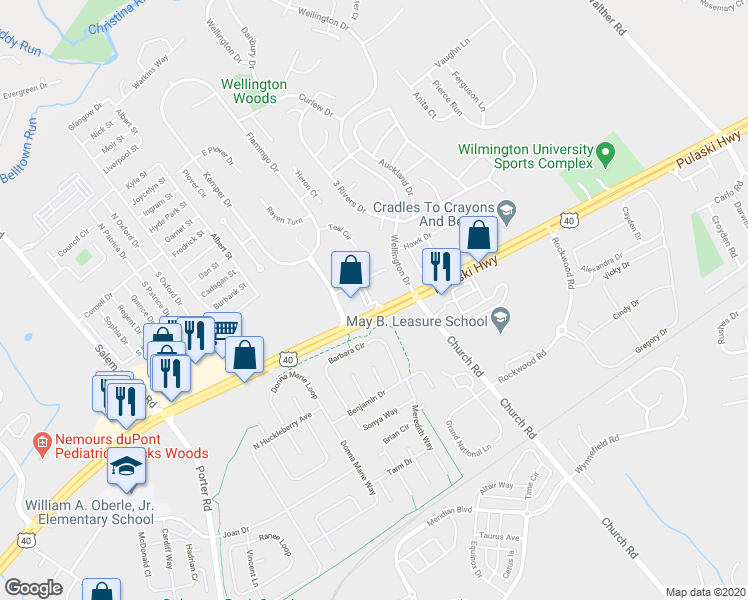 map of restaurants, bars, coffee shops, grocery stores, and more near 1545 Pulaski Highway in Bear