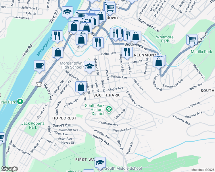 map of restaurants, bars, coffee shops, grocery stores, and more near 447 Grand Street in Morgantown