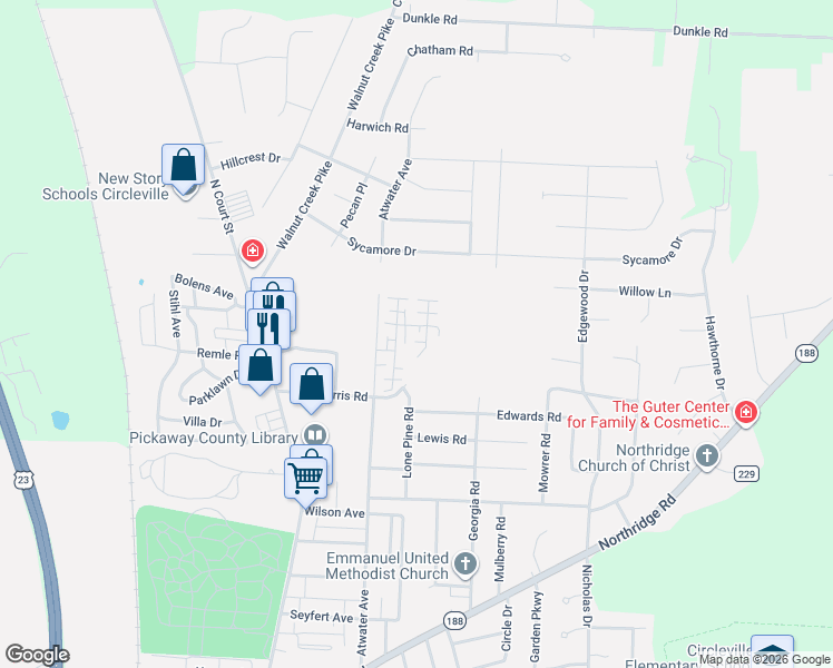 map of restaurants, bars, coffee shops, grocery stores, and more near 1298 Stratford Court in Circleville
