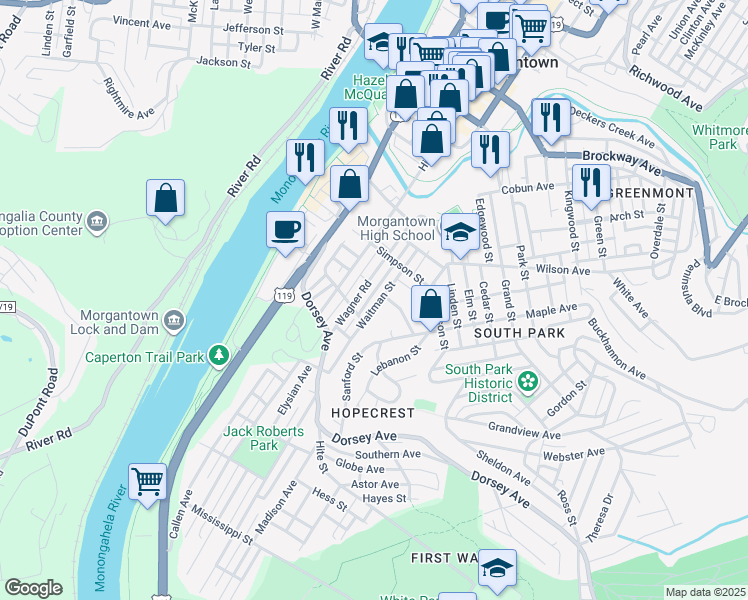 map of restaurants, bars, coffee shops, grocery stores, and more near 248 Waitman Street in Morgantown