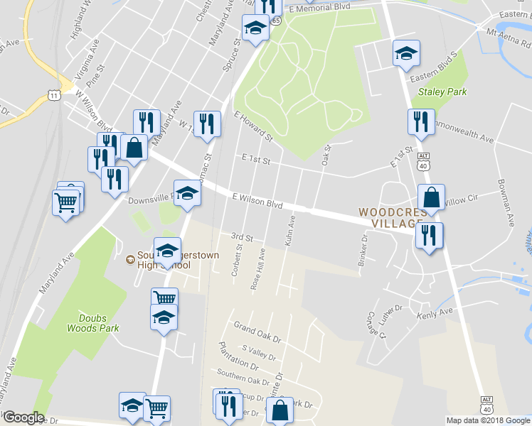 map of restaurants, bars, coffee shops, grocery stores, and more near 1007 Rose Hill Avenue in Hagerstown
