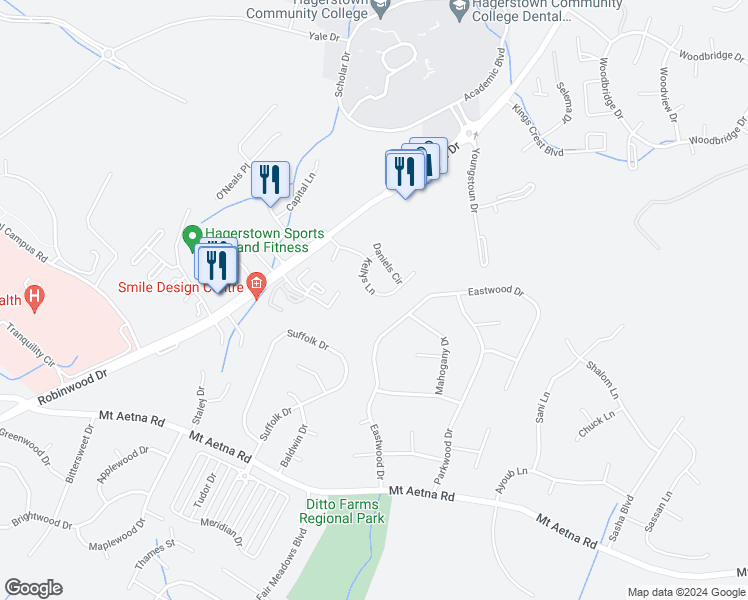 map of restaurants, bars, coffee shops, grocery stores, and more near 20201 Kellys Lane in Hagerstown