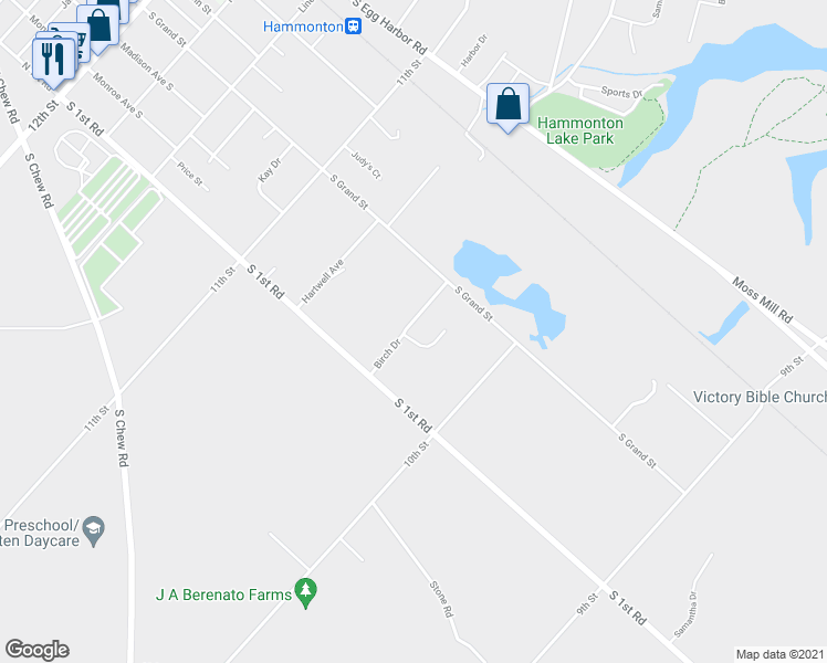 map of restaurants, bars, coffee shops, grocery stores, and more near 127 Birch Drive in Hammonton