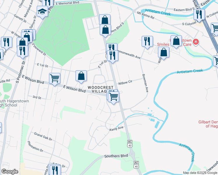 map of restaurants, bars, coffee shops, grocery stores, and more near 912 Kenly Avenue in Hagerstown