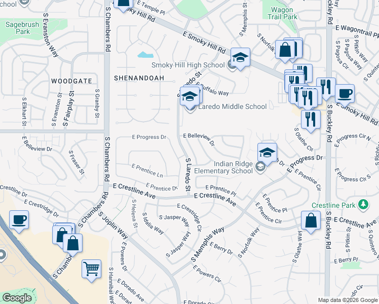 map of restaurants, bars, coffee shops, grocery stores, and more near 5151 South Laredo Court in Centennial
