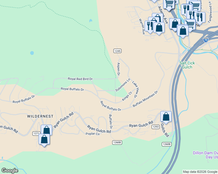 map of restaurants, bars, coffee shops, grocery stores, and more near 103 Solomons Lane in Silverthorne