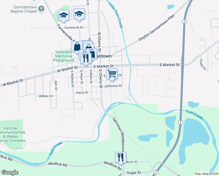 map of restaurants, bars, coffee shops, grocery stores, and more near 153 Jefferson Street in Germantown