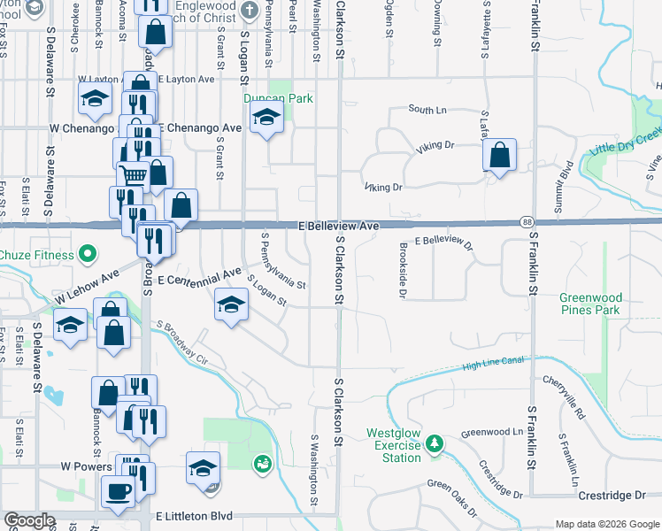 map of restaurants, bars, coffee shops, grocery stores, and more near 5145 South Clarkson Street in Greenwood Village