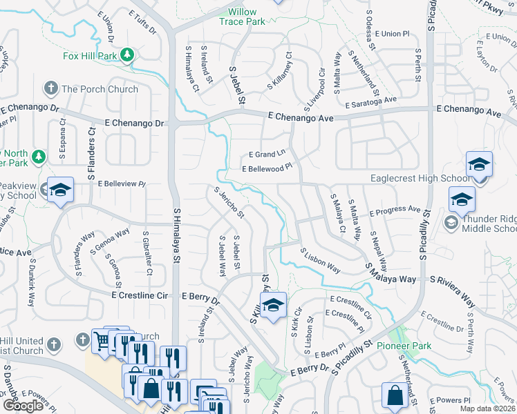 map of restaurants, bars, coffee shops, grocery stores, and more near 5225 South Jericho Way in Centennial