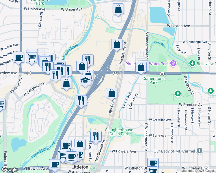 map of restaurants, bars, coffee shops, grocery stores, and more near 5101 South Rio Grande Street in Littleton
