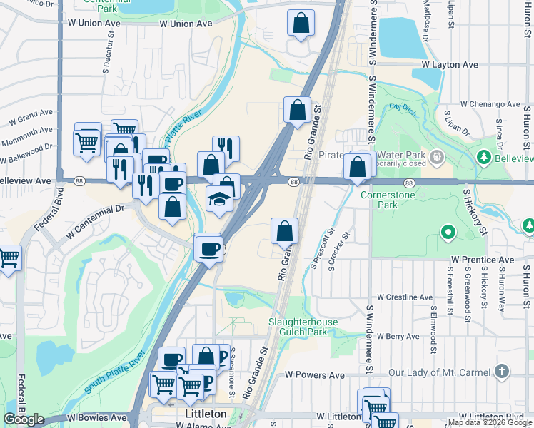 map of restaurants, bars, coffee shops, grocery stores, and more near 5101 South Rio Grande Street in Littleton