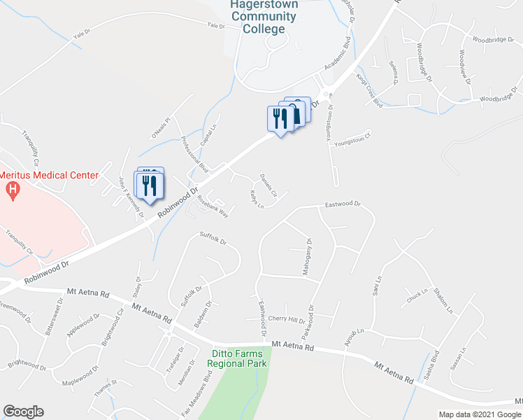 map of restaurants, bars, coffee shops, grocery stores, and more near 20205 Kellys Lane in Hagerstown