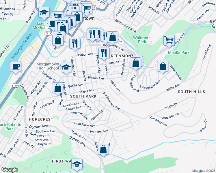 map of restaurants, bars, coffee shops, grocery stores, and more near 420 Posten Avenue in Morgantown