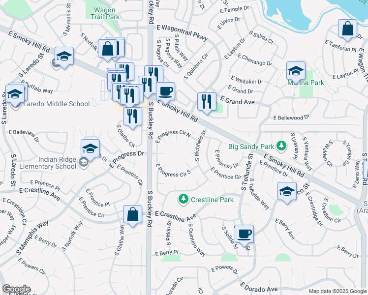 map of restaurants, bars, coffee shops, grocery stores, and more near 5192 South Quintero Street in Centennial