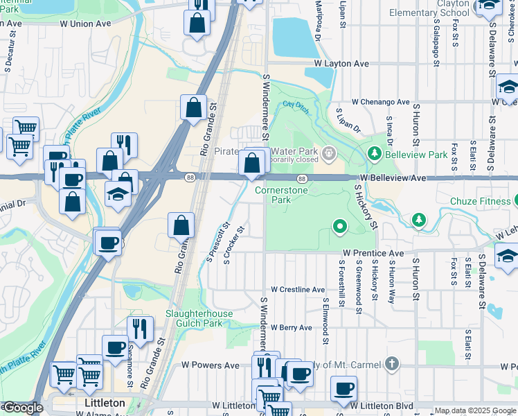 map of restaurants, bars, coffee shops, grocery stores, and more near 5216 South Crocker Street in Littleton