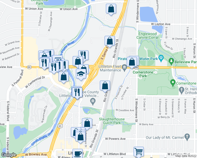 map of restaurants, bars, coffee shops, grocery stores, and more near 5101 South Rio Grande Street in Littleton