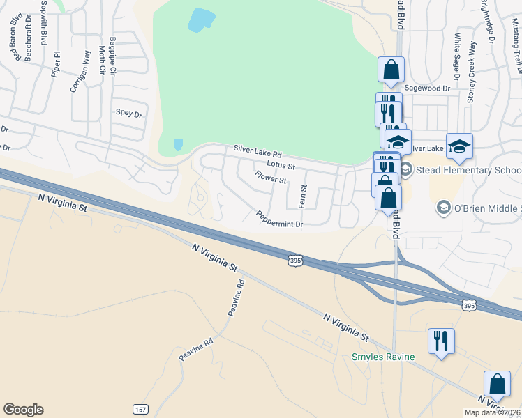 map of restaurants, bars, coffee shops, grocery stores, and more near 6775 Honeysuckle Drive in Reno