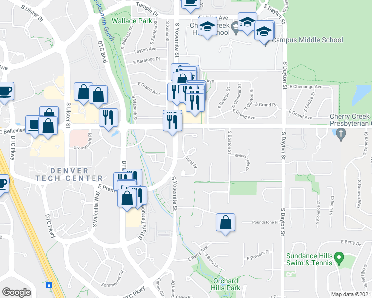 map of restaurants, bars, coffee shops, grocery stores, and more near 5 Coral Place in Greenwood Village