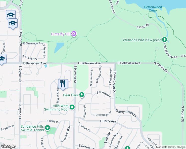 map of restaurants, bars, coffee shops, grocery stores, and more near 5182 East Ironton Way in Englewood